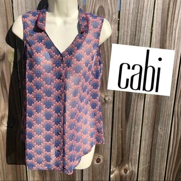 Cabi Blouse XS Top Fan Button Down Red Blue Tank Sleeveless 3620 Sheer Collar - Picture 2 of 11